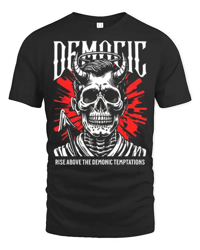 Rise Above Demonic Temptations Skull Graphic Tee Gothic Streetwear - black t-shirt on white background