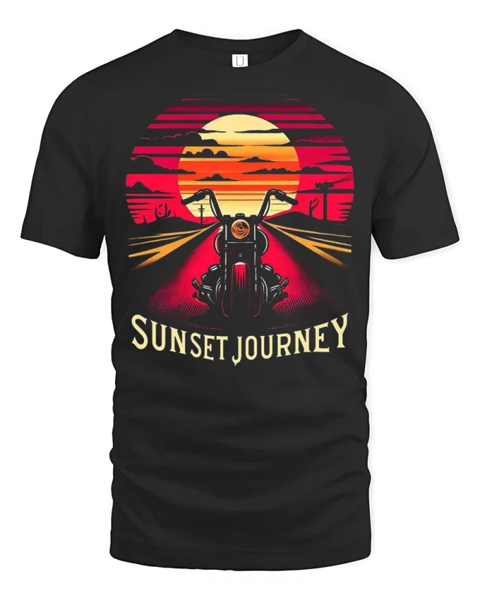 Sunset Journey Motorcycle Graphic Tee Vintage Retro Road Adventure - black t-shirt on white background