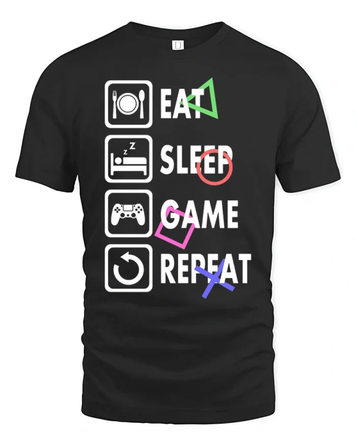 Eat Sleep Game Repeat Funny Gamer Graphic Tee Video Game Tshirt - black t-shirt on white background