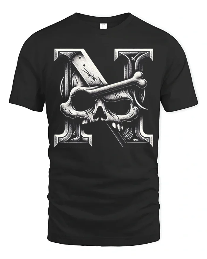 Gothic Skull Letter N Graphic Tee Vintage Dark Streetwear Style - black t-shirt on white background
