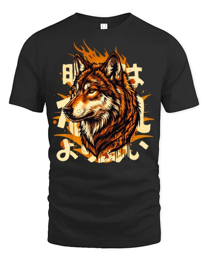 Japanese Style Wolf Graphic Tee Fierce Wildlife Art Tshirt - black t-shirt on white background