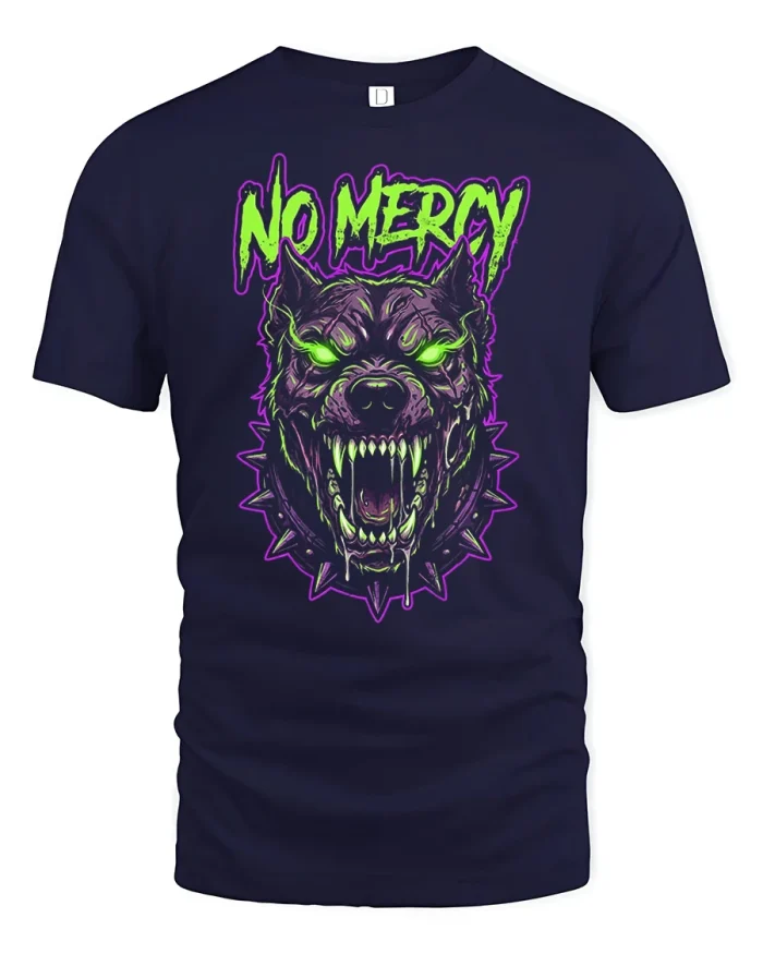 No Mercy Fierce Wolf Graphic Tee Neon Horror Style Tshirt - navy t-shirt on white background
