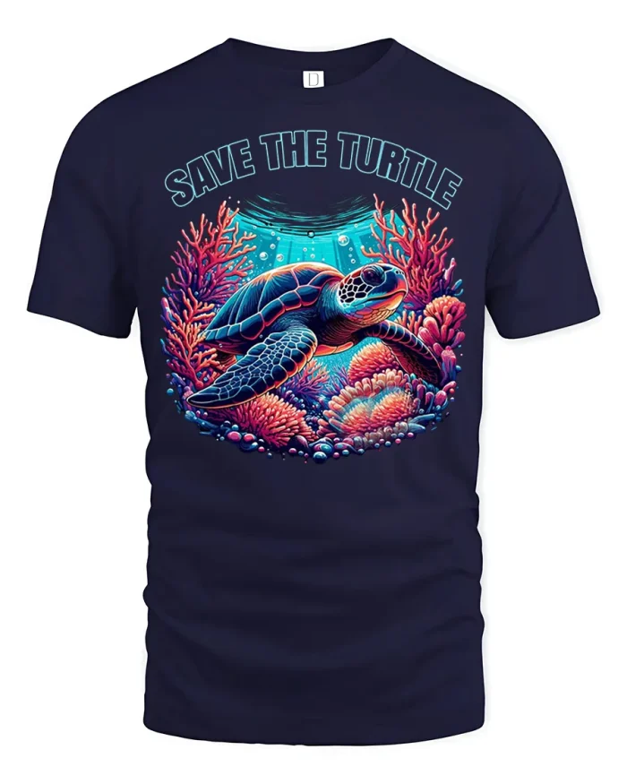 Save The Turtle Sea Life Conservation Graphic Tee Ocean Tshirt - navy t-shirt on white background