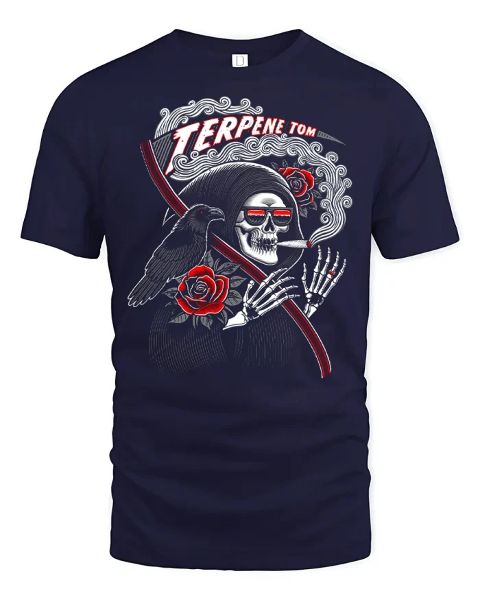 Gothic Grim Reaper Raven Rose Graphic Tee Dark Art Tshirt - navy t-shirt on white background