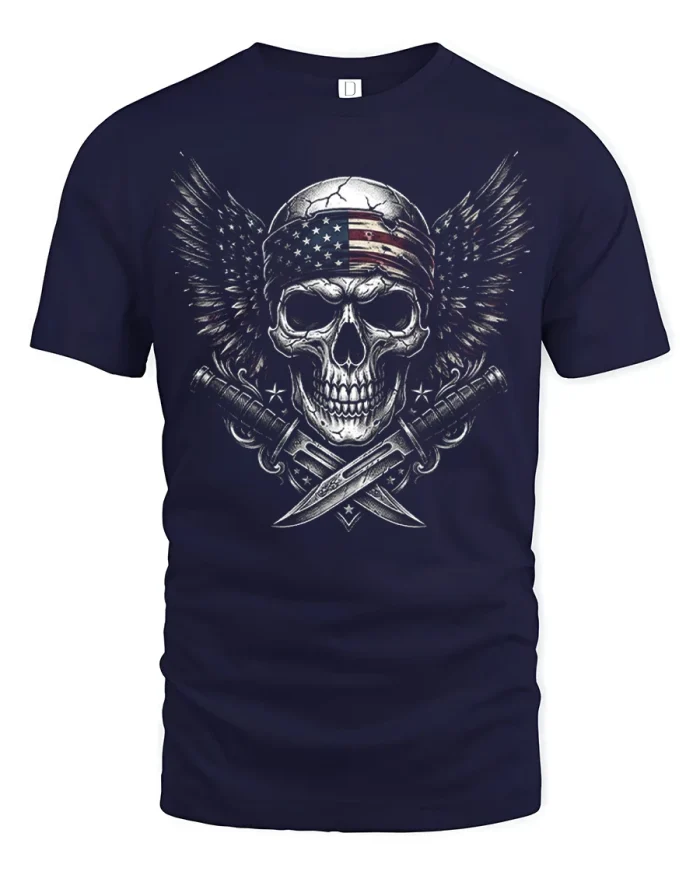 Patriotic Skull With Wings Graphic Tee American Freedom Tshirt - navy t-shirt on white background