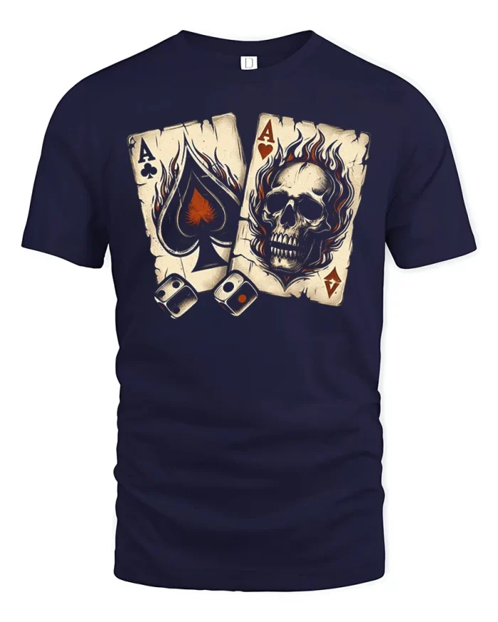 Flaming Skull Ace Playing Cards Graphic Tee Vintage Lucky Gambler - navy t-shirt on white background