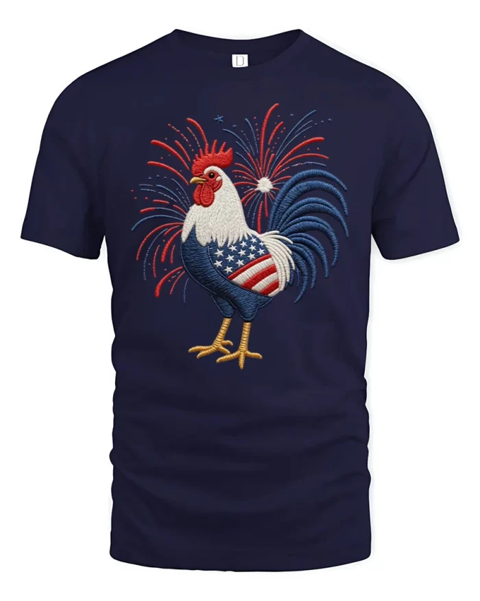 Patriotic American Rooster Fireworks Graphic Tee USA Pride Shirt - navy t-shirt on white background