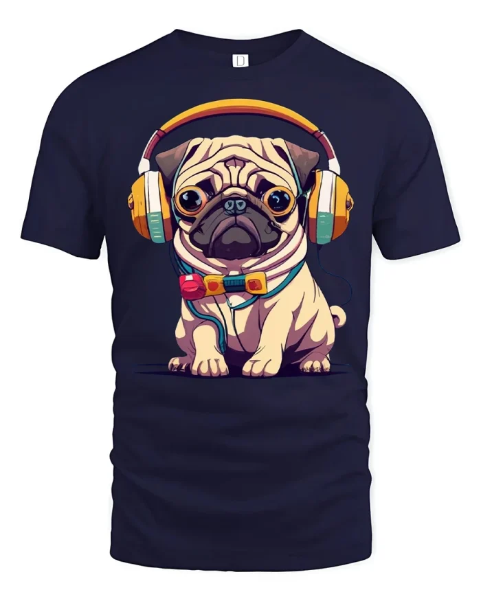 Funny Pug With Headphones Graphic Tee Cute Music Lover Tshirt - navy t-shirt on white background