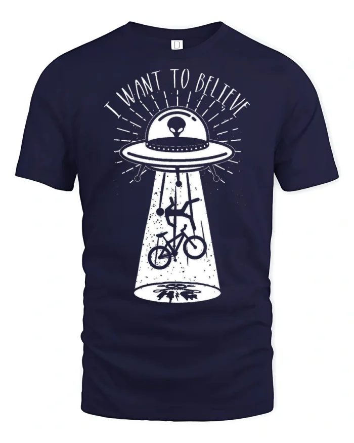 I Want To Believe Alien Bicycle Abduction Funny Graphic T Shirt - navy t-shirt on white background