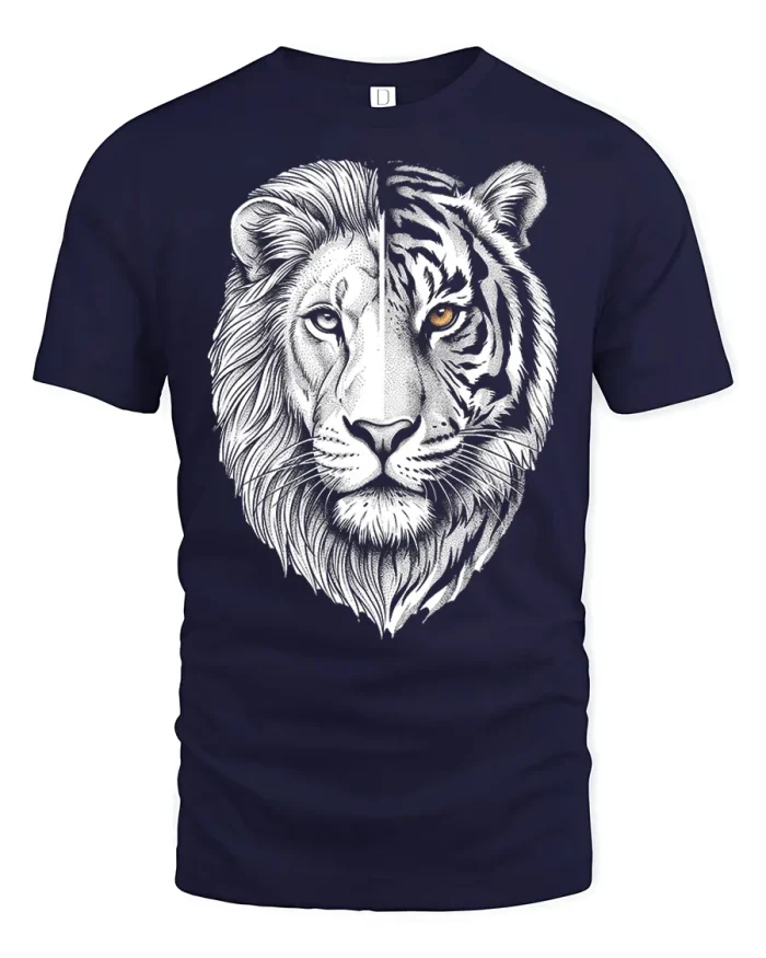 Lion Tiger Split Face Wildlife Graphic T Shirt Vintage Style - navy t-shirt on white background