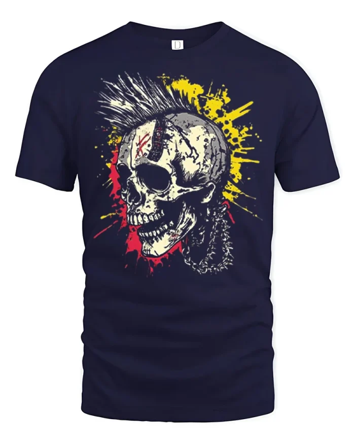 Punk Rock Skull Mohawk Graphic T Shirt Vintage Street Style - navy t-shirt on white background