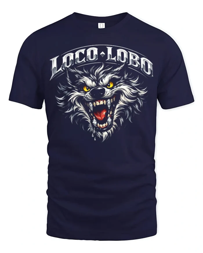 Loco Lobo Fierce Wolf Graphic T Shirt Vintage Wild Beast Art - navy t-shirt on white background