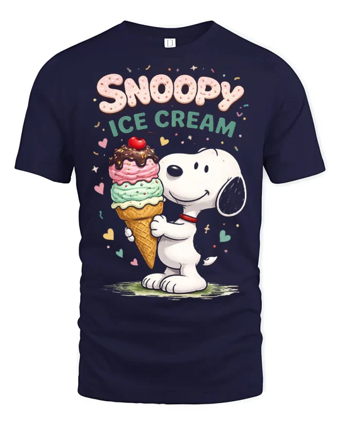 Snoopy Ice Cream Cute Cartoon Dessert Graphic T Shirt Fun Style - navy t-shirt on white background