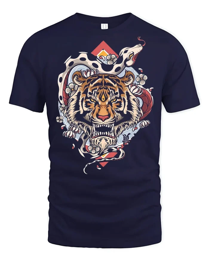 Japanese Tiger Head Samurai Style Graphic T Shirt Vintage Art - navy t-shirt on white background