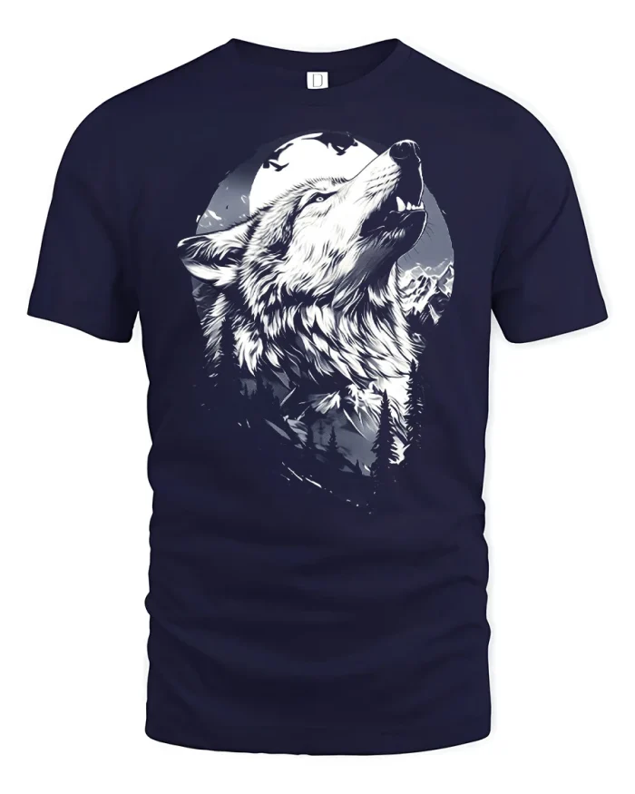 Majestic Howling Wolf Moon Wilderness Graphic T Shirt Vintage Art - navy t-shirt on white background
