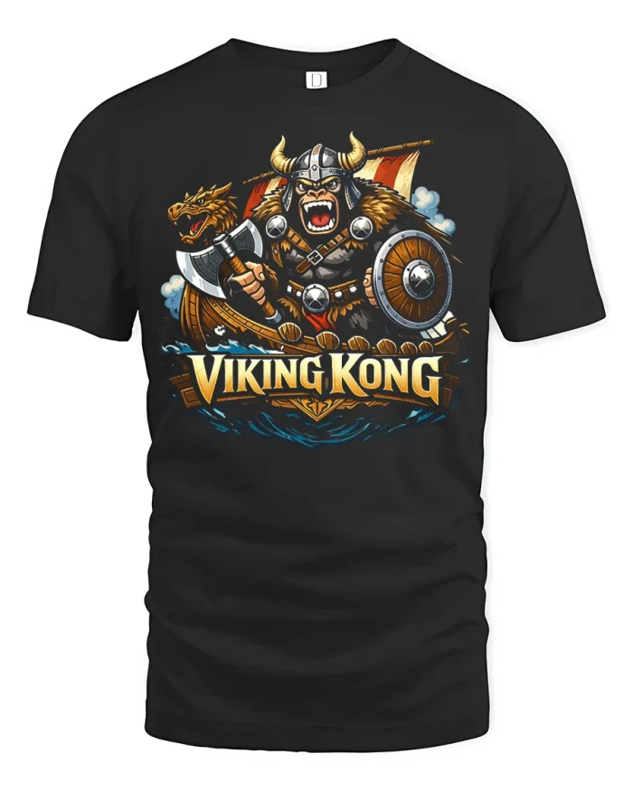 Viking Kong Warrior Gorilla Graphic T Shirt Norse Battle Art - black t-shirt on white background