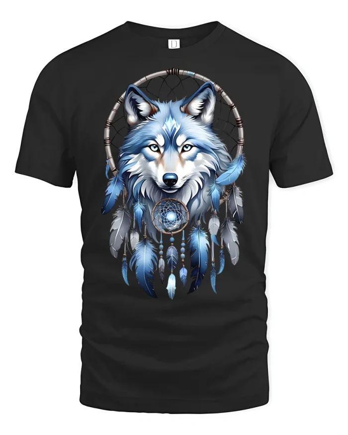 Mystical Dreamcatcher Blue Wolf Graphic Tshirt Boho Apparel - black t-shirt on white background
