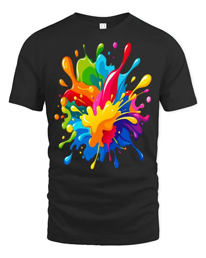 Vibrant Rainbow Paint Splash Graphic Tshirt Artistic Design - black t-shirt on white background