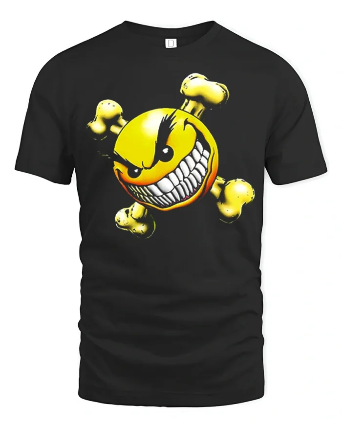 Grumpy Yellow Smiley Face Crossbones Graphic Tshirt Funny Tee - black t-shirt on white background