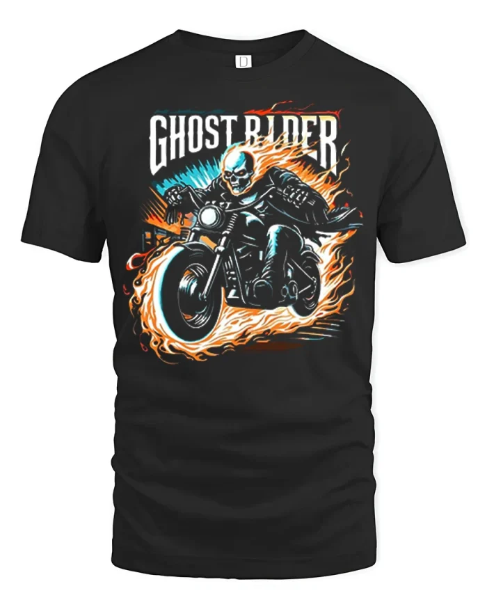 Flaming Skull Ghost Rider Motorcycle Graphic Tshirt Biker Gear - black t-shirt on white background