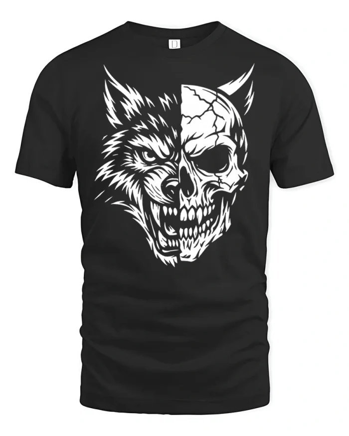 Half Wolf Half Skull Gothic Graphic T Shirt Dark Beast Art - black t-shirt on white background