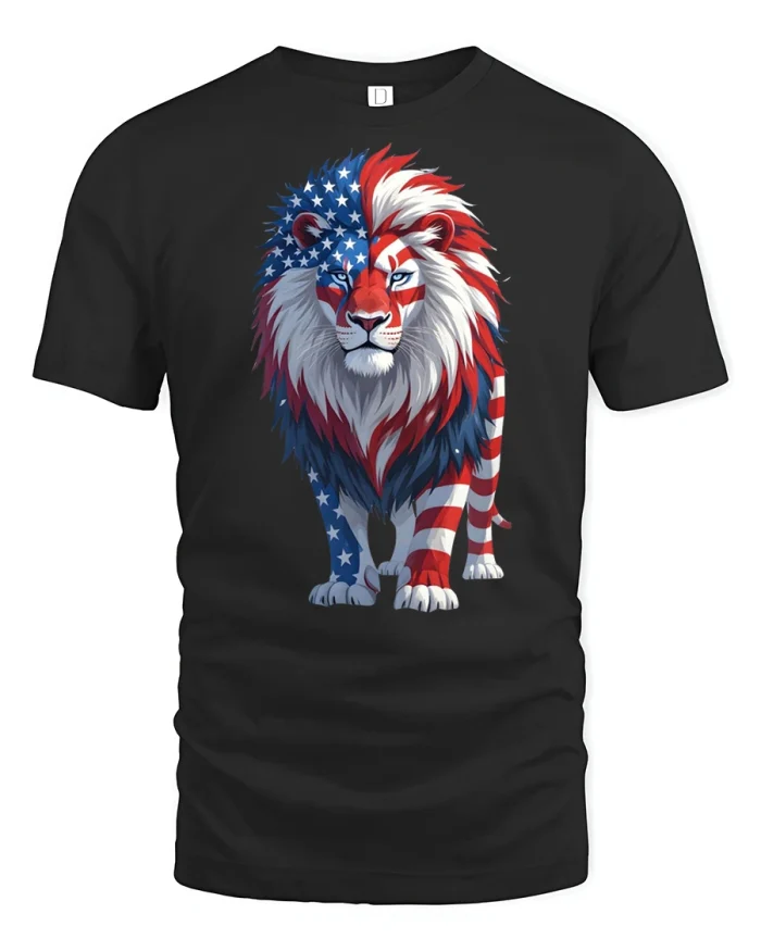 Patriotic American Flag Lion Graphic T Shirt Bold Freedom Style - black t-shirt on white background