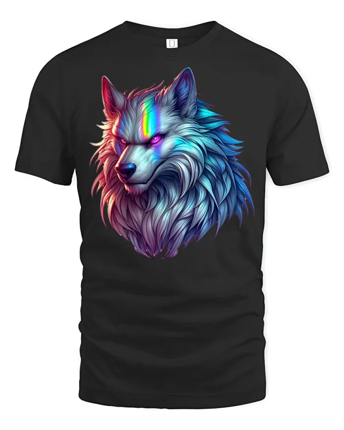 Neon Rainbow Wolf Graphic Tshirt Vibrant Animal Art Apparel - black t-shirt on white background