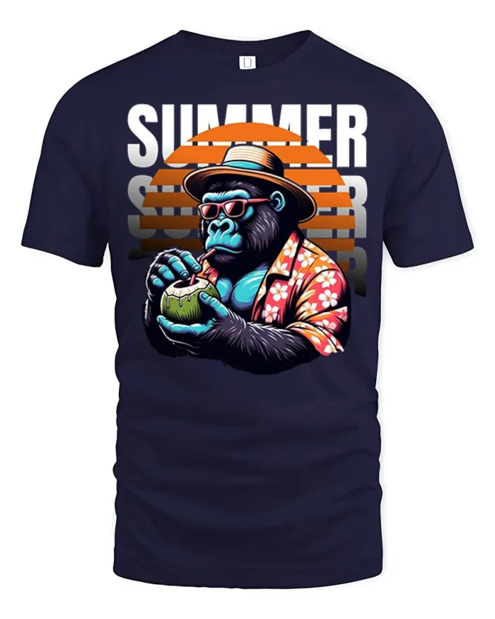 Hilarious Tropical Gorilla Drinking Coconut Summer Graphic Tee - navy t-shirt on white background