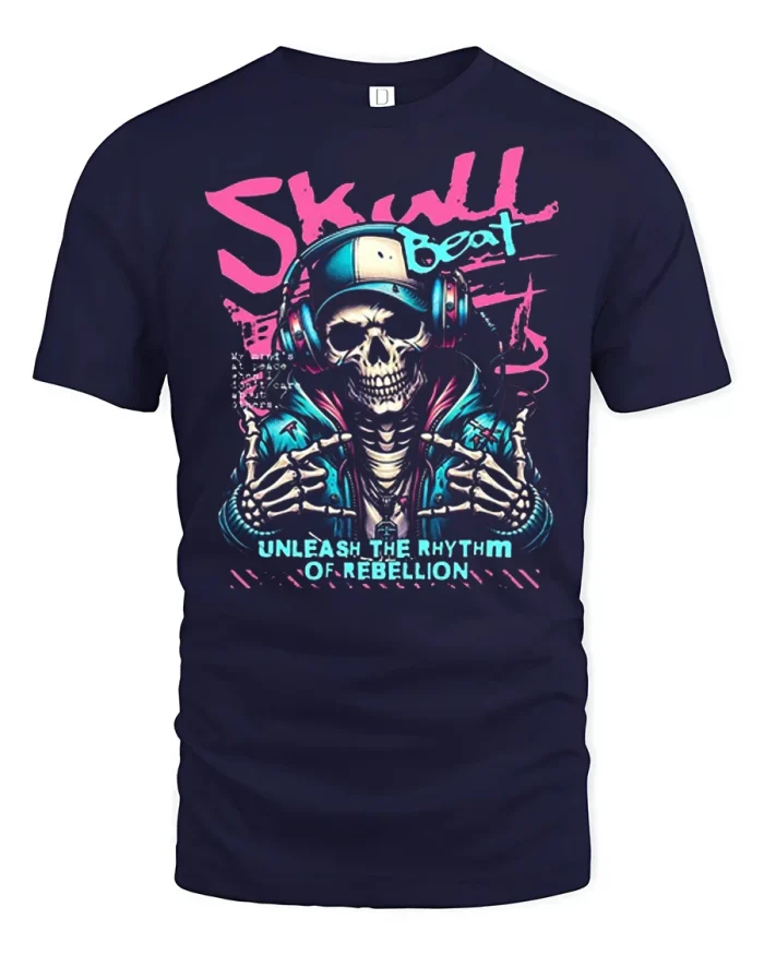 Edgy Skull Beat Headphones Graphic Tshirt Rebellion Style - navy t-shirt on white background