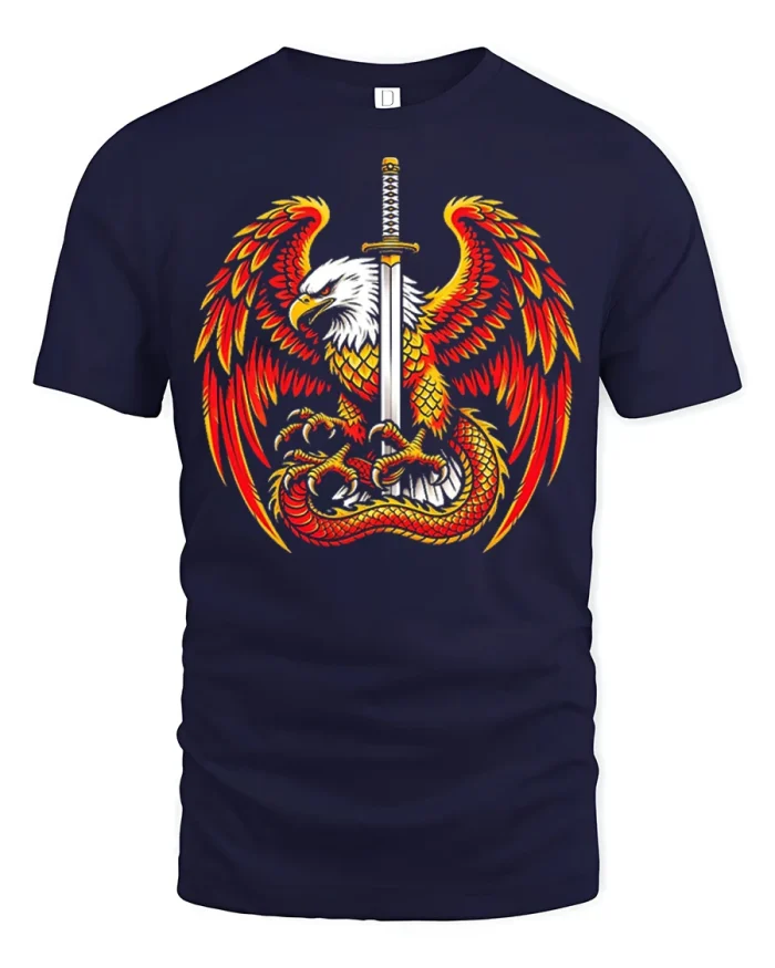 Majestic Eagle Dragon Sword Graphic Tshirt Mythical Warrior - navy t-shirt on white background