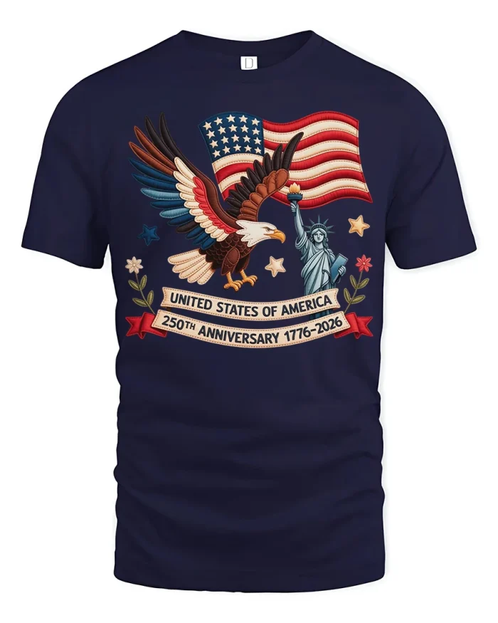 USA 250th Anniversary Eagle Statue Of Liberty Graphic Tshirt - navy t-shirt on white background
