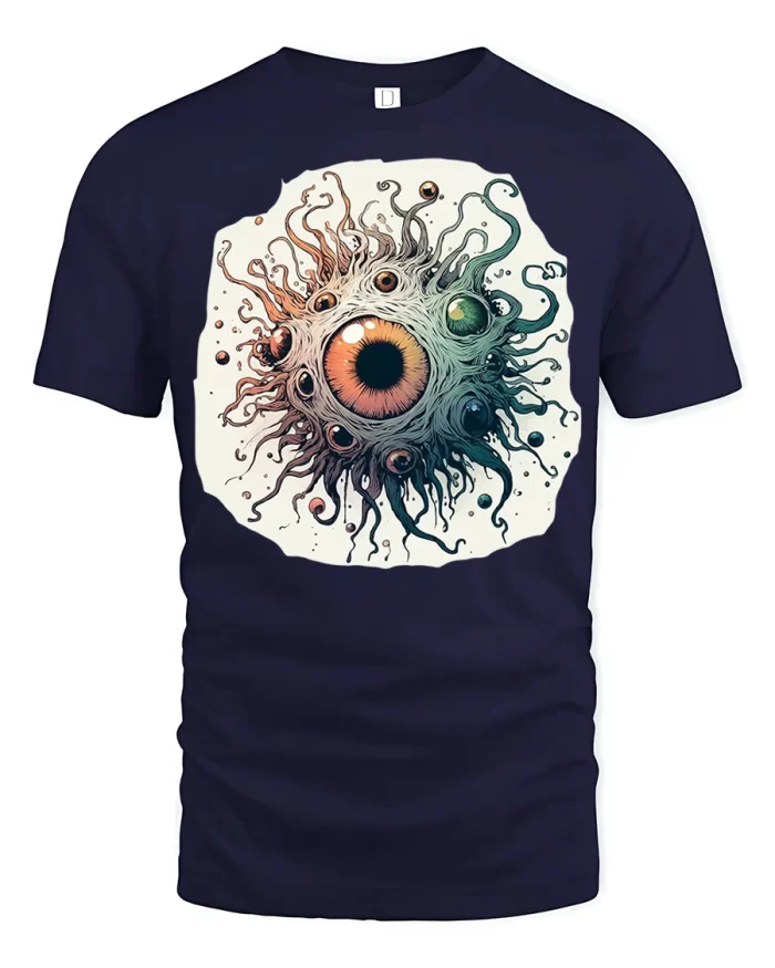 Surreal Tentacle Eye Monster Graphic Tshirt Abstract Art - navy t-shirt on white background