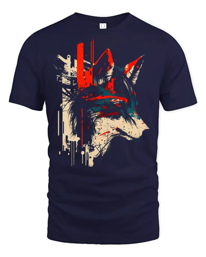 Abstract Red Wolf Urban Graphic Tshirt Modern Beast Apparel - navy t-shirt on white background