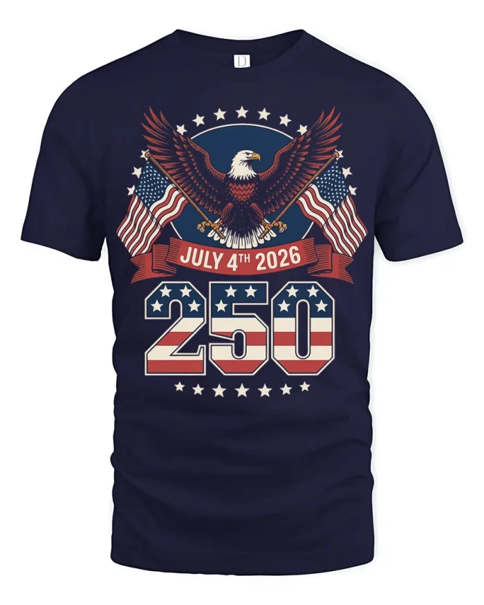 Patriotic July 4th 2026 250th Anniversary Eagle Graphic Tshirt - navy t-shirt on white background