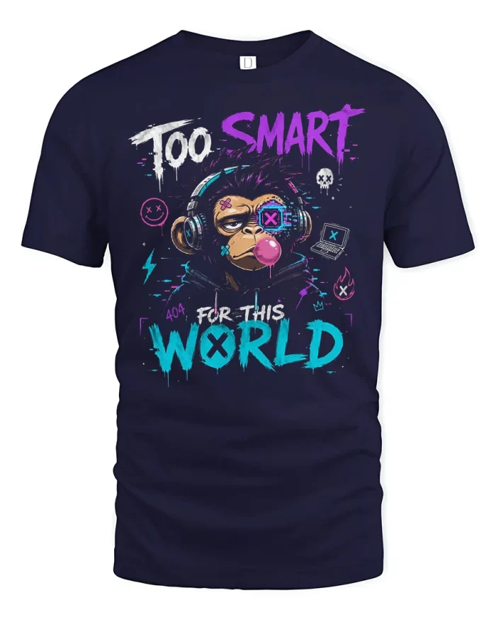 Funny Too Smart For This World Cyber Chimp Graphic Tshirt - navy t-shirt on white background