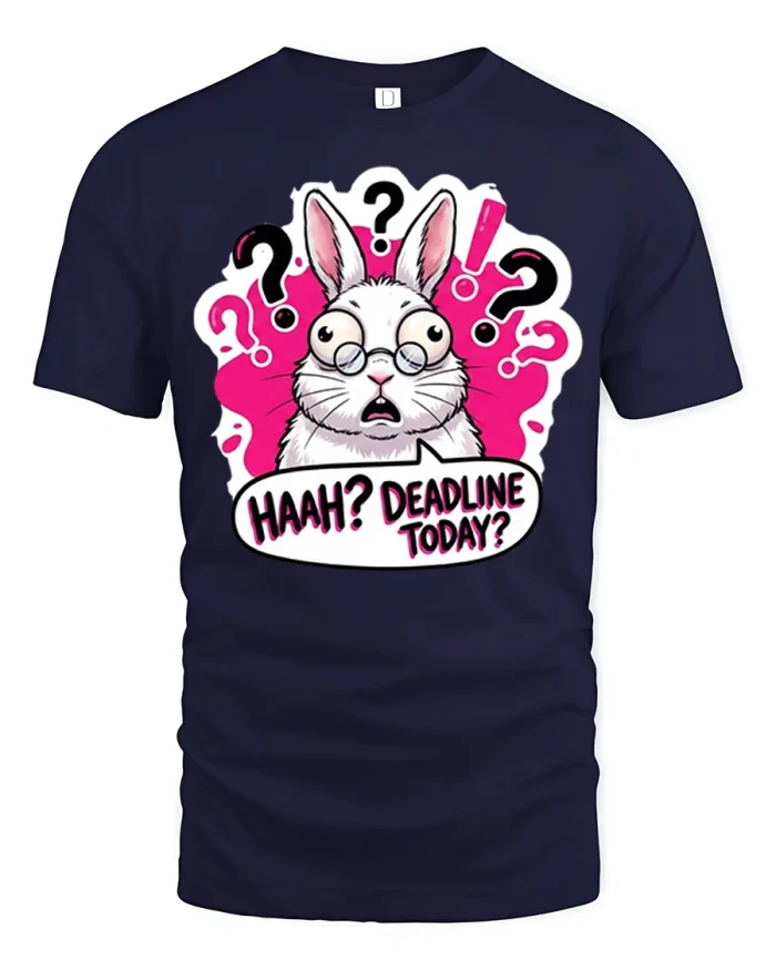 Funny Haah Deadline Today Stressed Bunny Graphic Tshirt - navy t-shirt on white background
