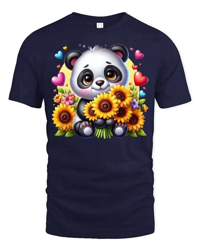 Adorable Cute Panda Bear With Sunflowers Graphic Tshirt - navy t-shirt on white background
