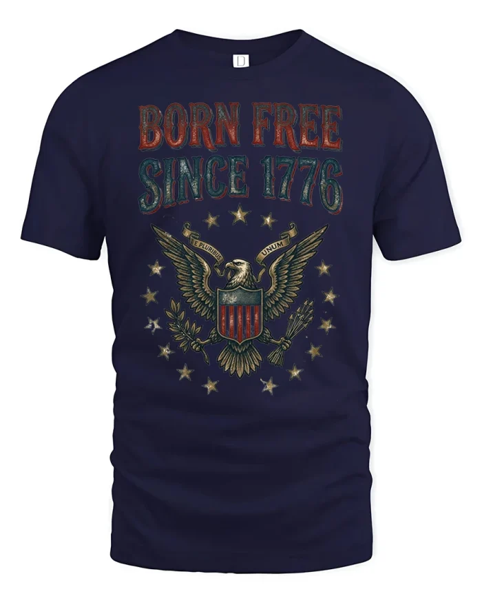 Patriotic Born Free Since 1776 American Eagle Graphic Tshirt - navy t-shirt on white background