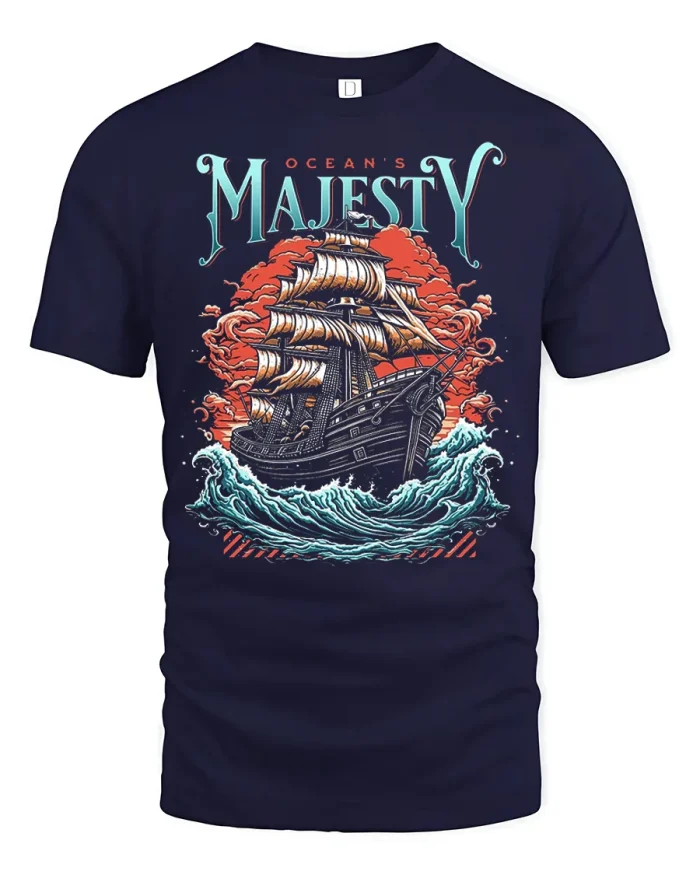 Majestic Ocean Ship Nautical Graphic Tshirt Sea Voyager Tee - navy t-shirt on white background