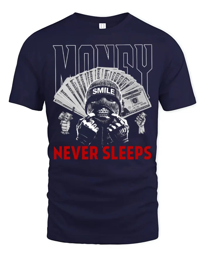 Grind Hustle Money Never Sleeps Ski Mask Graphic Tshirt - navy t-shirt on white background