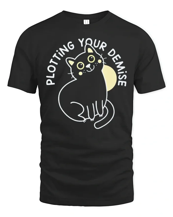 Plotting Your Demise Funny Black Cat Graphic Tee Cute Halloween - black t-shirt on white background