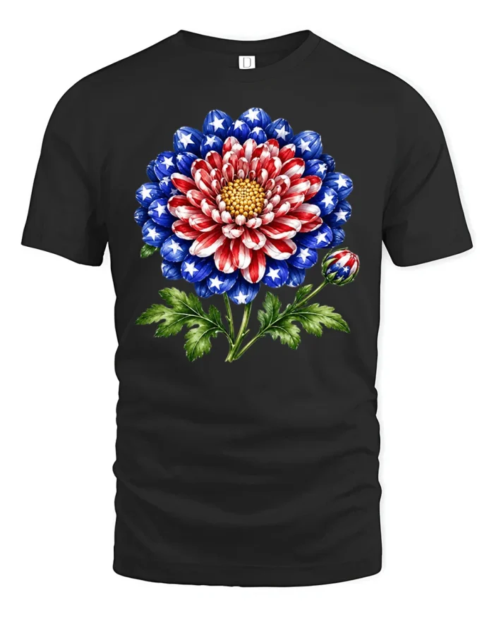 Patriotic American Flag Flower Graphic T Shirt Vintage Floral Art - black t-shirt on white background