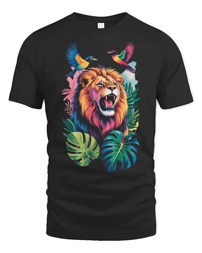 Colorful Roaring Lion Jungle Graphic T Shirt Vibrant Wildlife Art - black t-shirt on white background