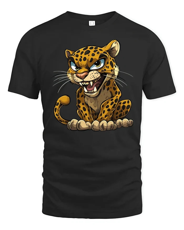 Funny Angry Cartoon Leopard Graphic T Shirt Wild Animal Style - black t-shirt on white background