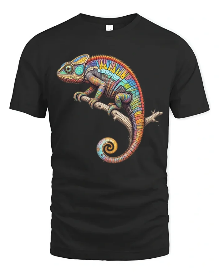 Colorful Chameleon Graphic Tee Vibrant Reptile Wildlife Art Shirt - black t-shirt on white background