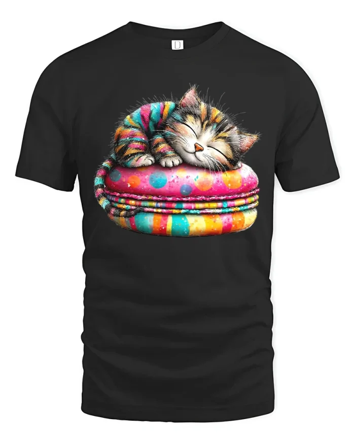 Colorful Sleeping Kitten Macaron Graphic Tee Cute Cat Lover Tshirt - black t-shirt on white background