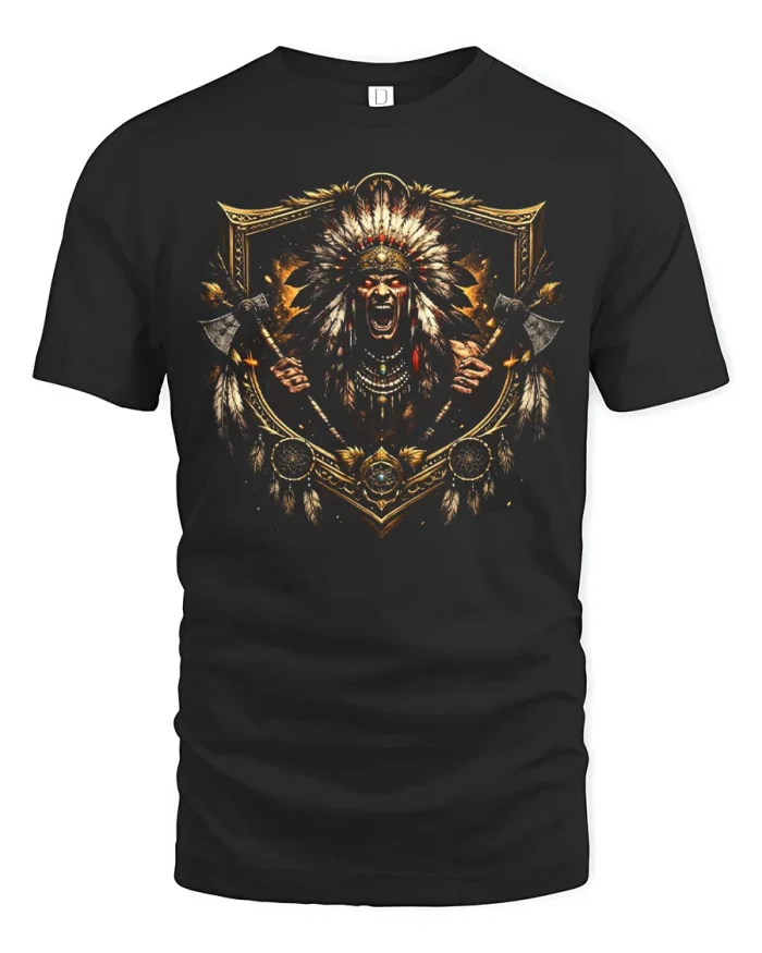 Fierce Tribal Warrior Graphic Tee Native Spirit Vintage Artwork - black t-shirt on white background