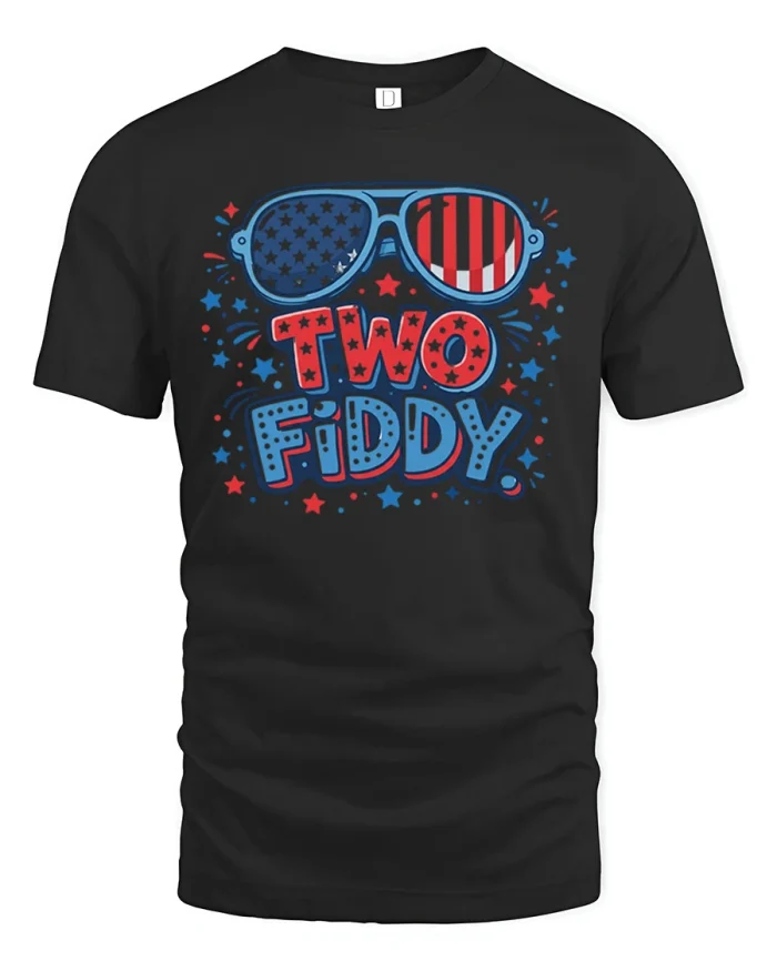 Two Fiddy Patriotic Sunglasses Graphic Tee Funny Fourth of July - black t-shirt on white background