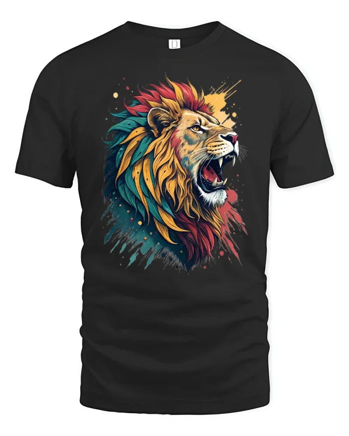 Colorful Roaring Lion Graphic Tee Bold Wildlife Art Design - black t-shirt on white background