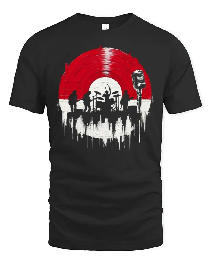 Vintage Rock Band Vinyl Record Graphic Tee Music Lover Style - black t-shirt on white background